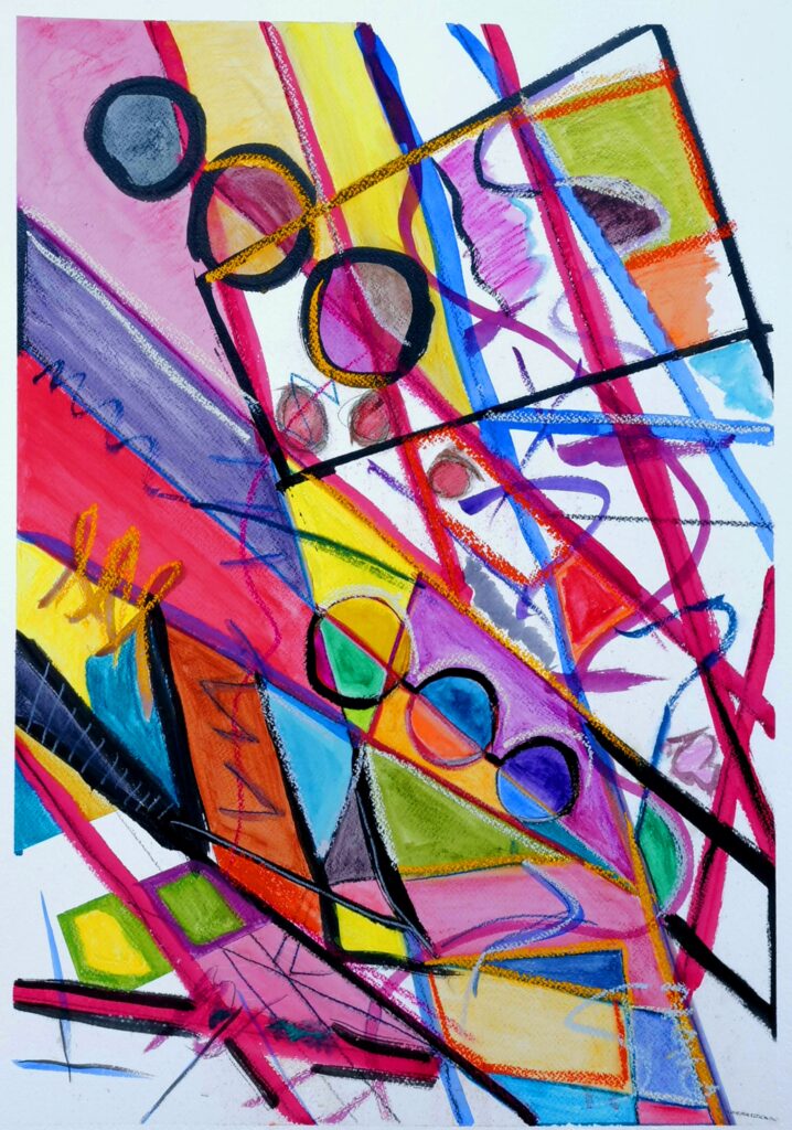 Abstract mixed-media work on paper filled with sharp diagonal bands, black structural lines, bright pink, yellow, blue, orange, green, and purple geometric fields, circular forms, triangles, and restless layered marks.