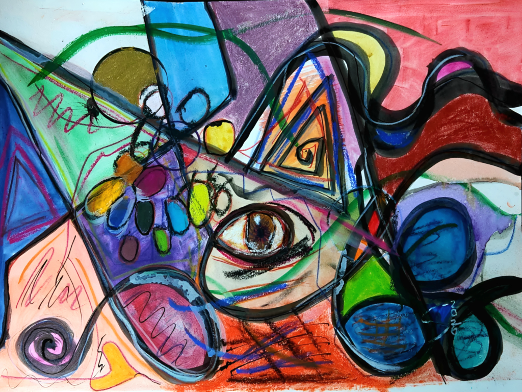 Abstract mixed-media work with a central brown eye surrounded by sharp triangles, spirals, black sweeping lines, bright blue, green, red, yellow, purple, and orange fields colliding across the surface.