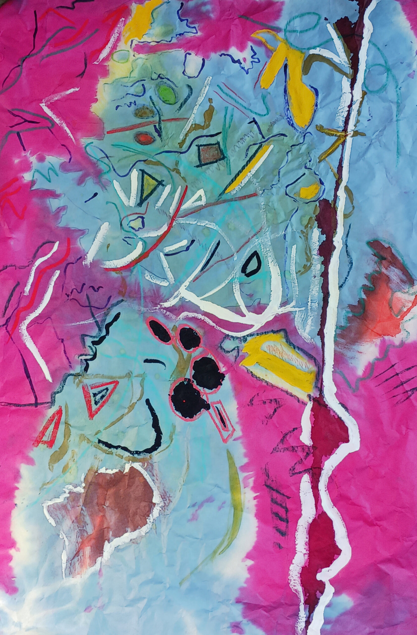 Abstract painting on crumpled paper with violent magenta fields surrounding a pale blue center, cut by jagged white seams, black punctures, yellow slashes, red marks, and restless angular linework.